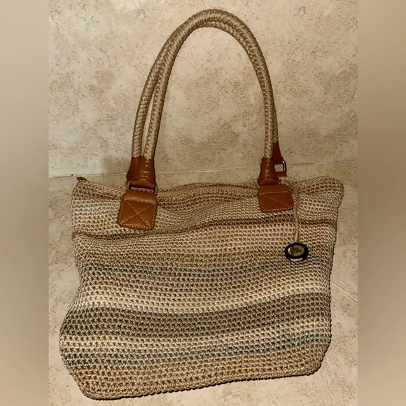 The Sak Cambria Crochet Woven Shoulder Bag Tote Sand Stripe - Picture 11 of 13